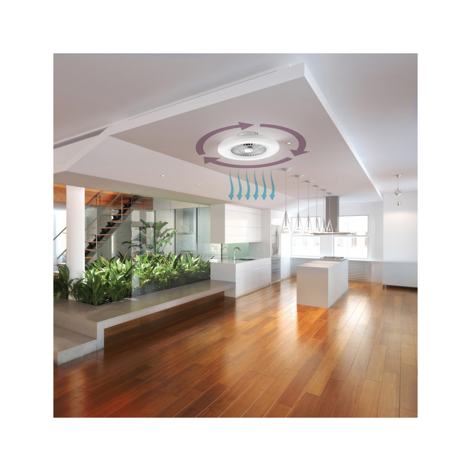 Cocina blanca moderna con ventilador de techo, plantas y suelo de madera.