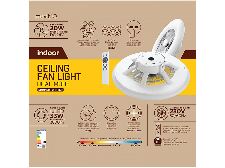 Ventilador de techo con luz - Muvit iO MIOCLF001, De techo, Con ventilador, WiFi, Compatible Asistentes Voz, Blanco – imagen 2