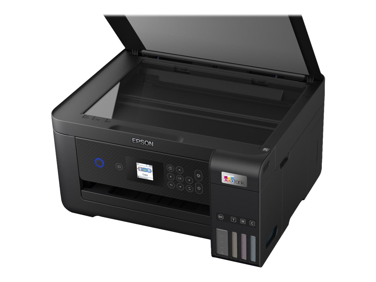 Ein Epson EcoTank-Drucker, schwarz, mit geöffneter Oberseite.