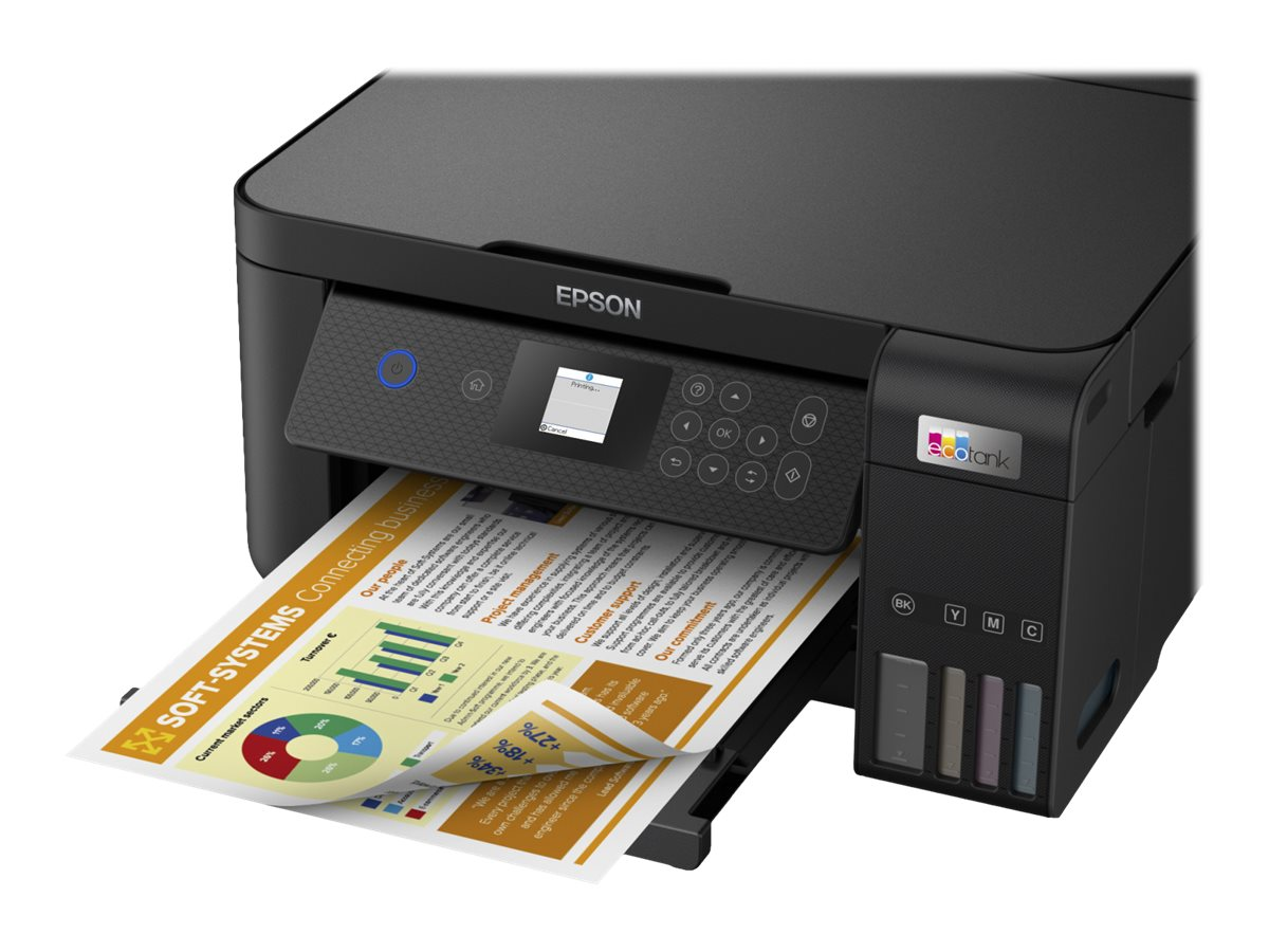 Schwarzer Epson-Drucker, der ein Dokument mit Diagrammen und Text druckt.