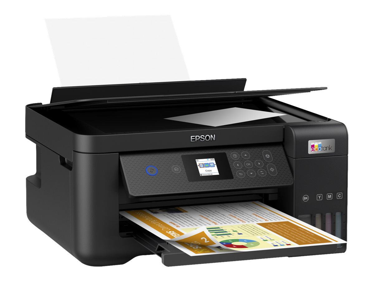 Schwarzer Epson-Drucker mit offenem Deckel, zwei Blatt Papier und offenem Papierfach.