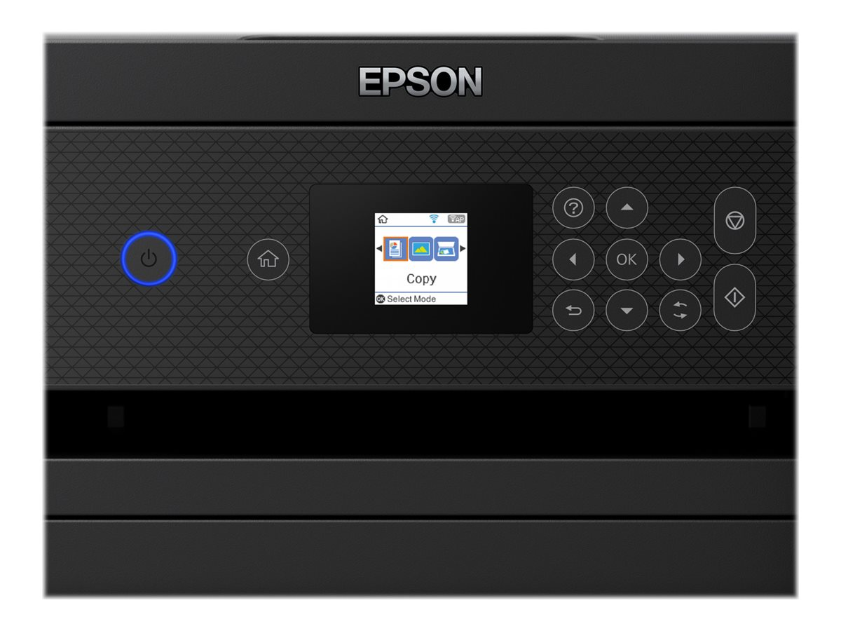 Bedienfeld des Epson-Druckers. Es hat einen Bildschirm und Tasten. Die Ein-/Aus-Taste leuchtet blau.