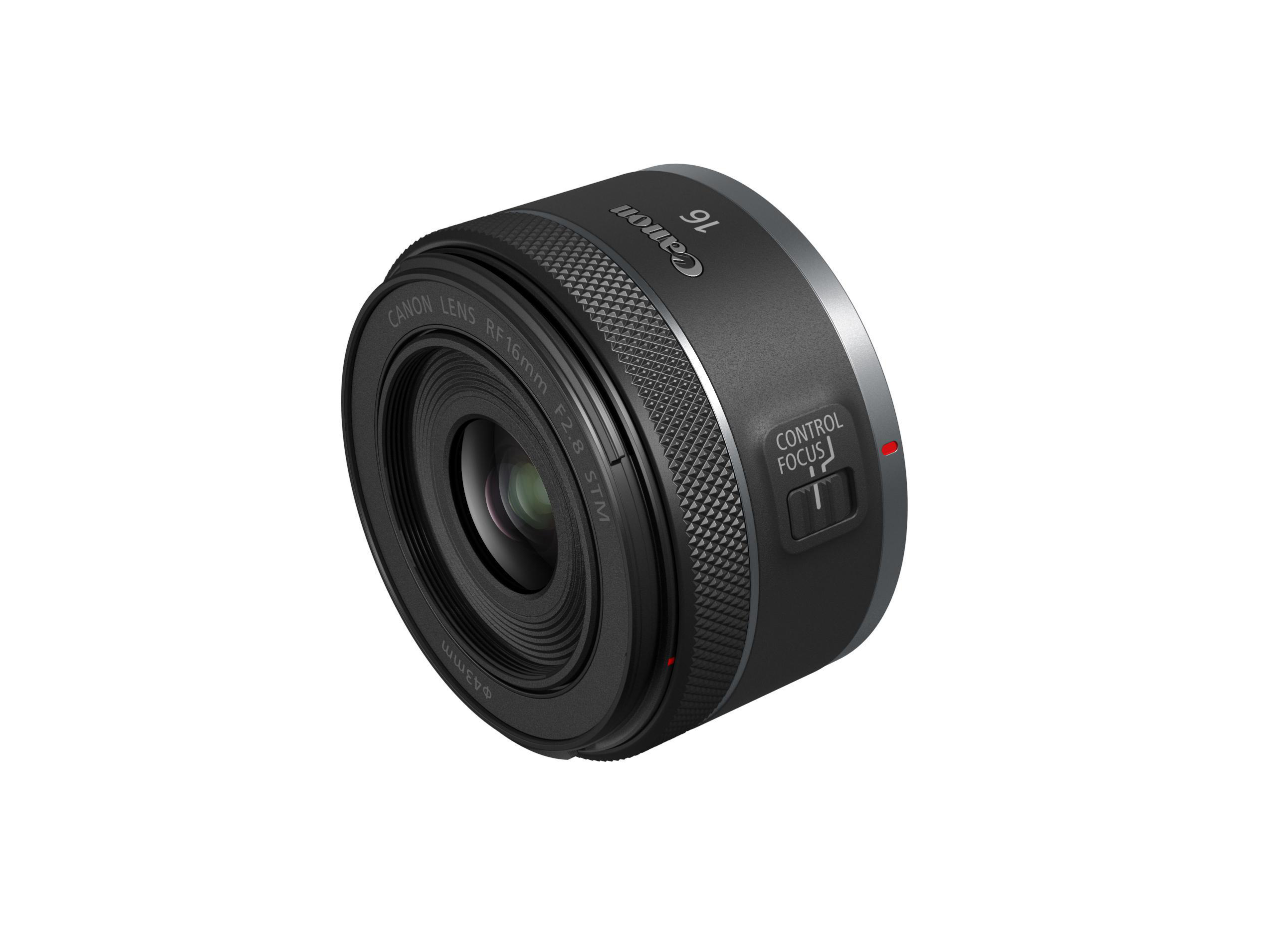 Canon 16mm f/2.8 STM Objektiv, schwarz, mit Fokusring und Schalter.