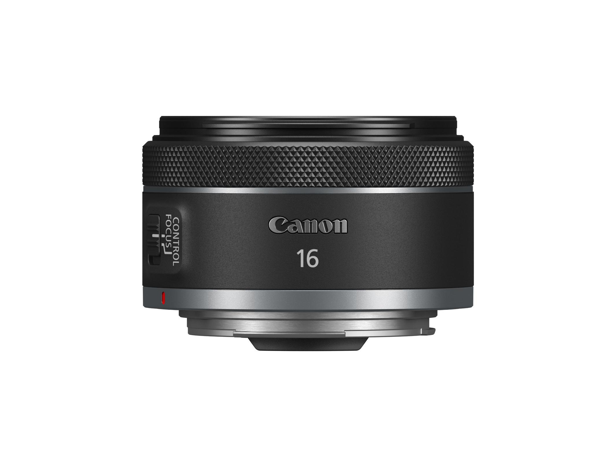 Canon 16mm Objektiv, schwarz mit silbernem Ring, mit Fokus- und Steuerungsetikett.