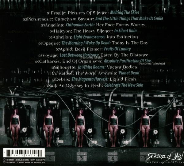 Rückseite eines Albumcovers mit Titelliste und sieben Statuen.