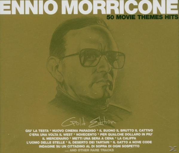 Albumcover für Ennio Morricones '50 Movie Themes Hits'. Enthält ein Porträt und eine Titelliste.