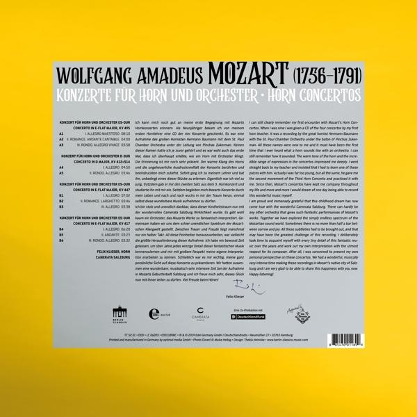 Albumcover mit deutschem Text über Mozarts Hornkonzerte.
