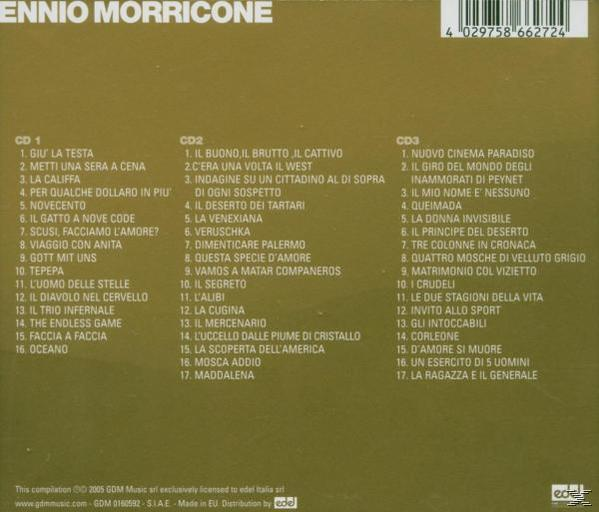 CD-Cover mit Titelliste. Enthält den Namen Ennio Morricone und Musiktitel auf Italienisch. Enthält CD 1, 2, 3 Liste.