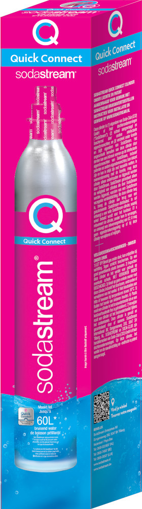 Boîte de cylindre Sodastream rose et argent. Texte et images d'une bouteille et du logo Quick Connect.
