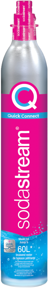 Cylindre de CO2 SodaStream Quick Connect en rose et argent avec le logo de la marque.