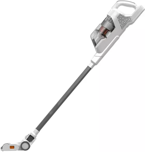 Aspirateur sans fil blanc et gris avec une longue poignée et une tête de nettoyage.