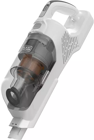 Aspirateur à main blanc et gris avec un conteneur à poussière transparent.