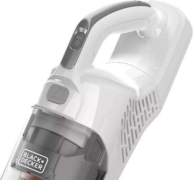 Aspirateur à main blanc et gris. Logo Black+Decker visible.