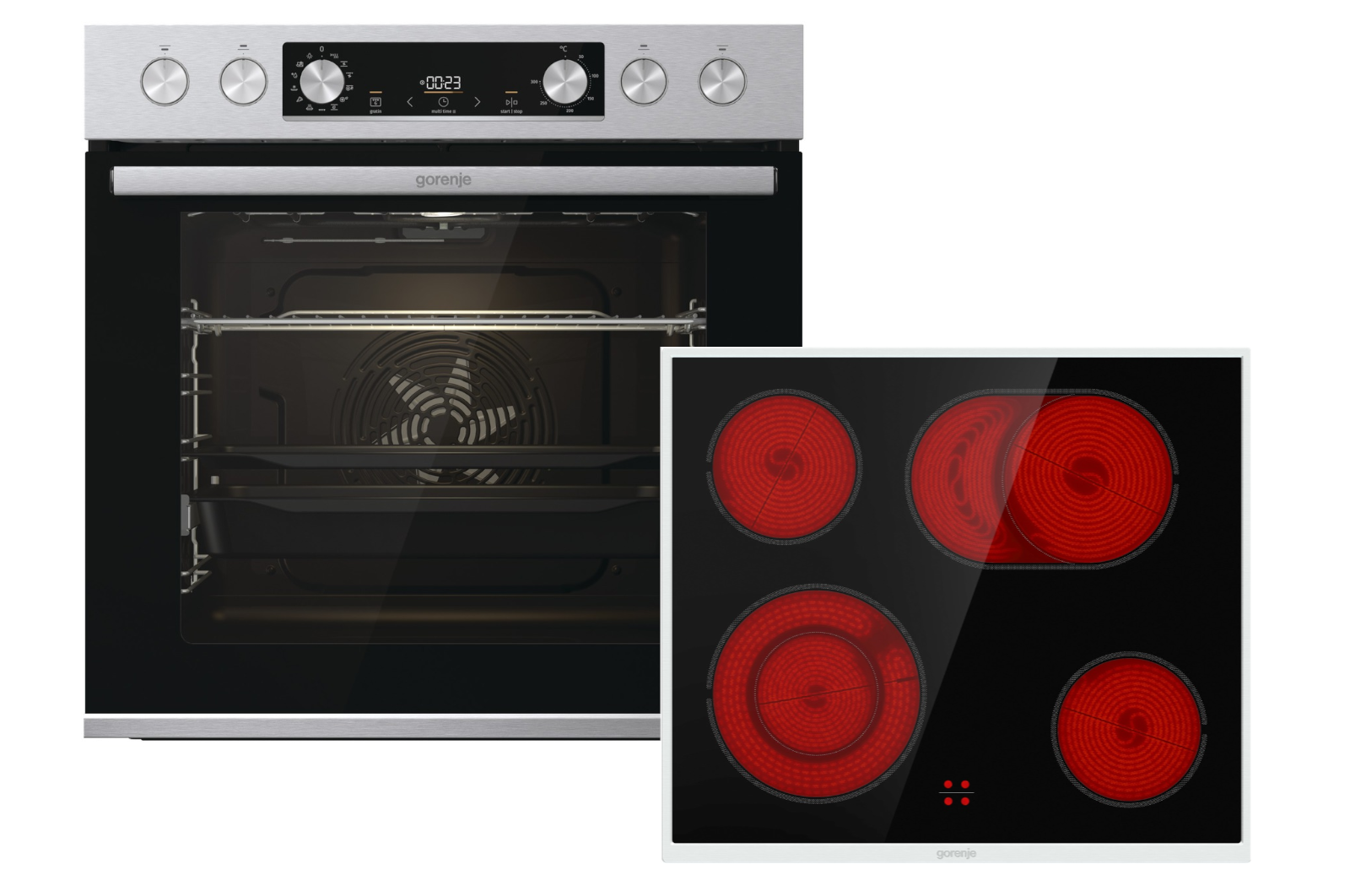 Einbau-Backofen und ein Cerankochfeld. Der Backofen ist geöffnet. Das Kochfeld hat vier rote Kreise.