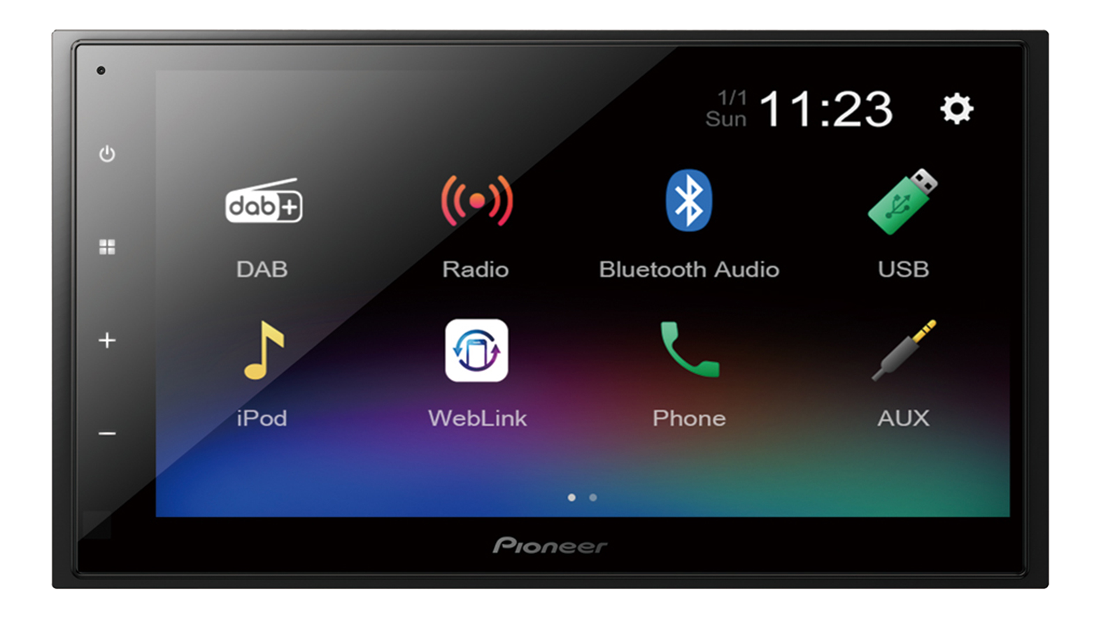Auto-Multimedia-Systembildschirm. Zeigt Symbole wie Radio, Bluetooth und USB.