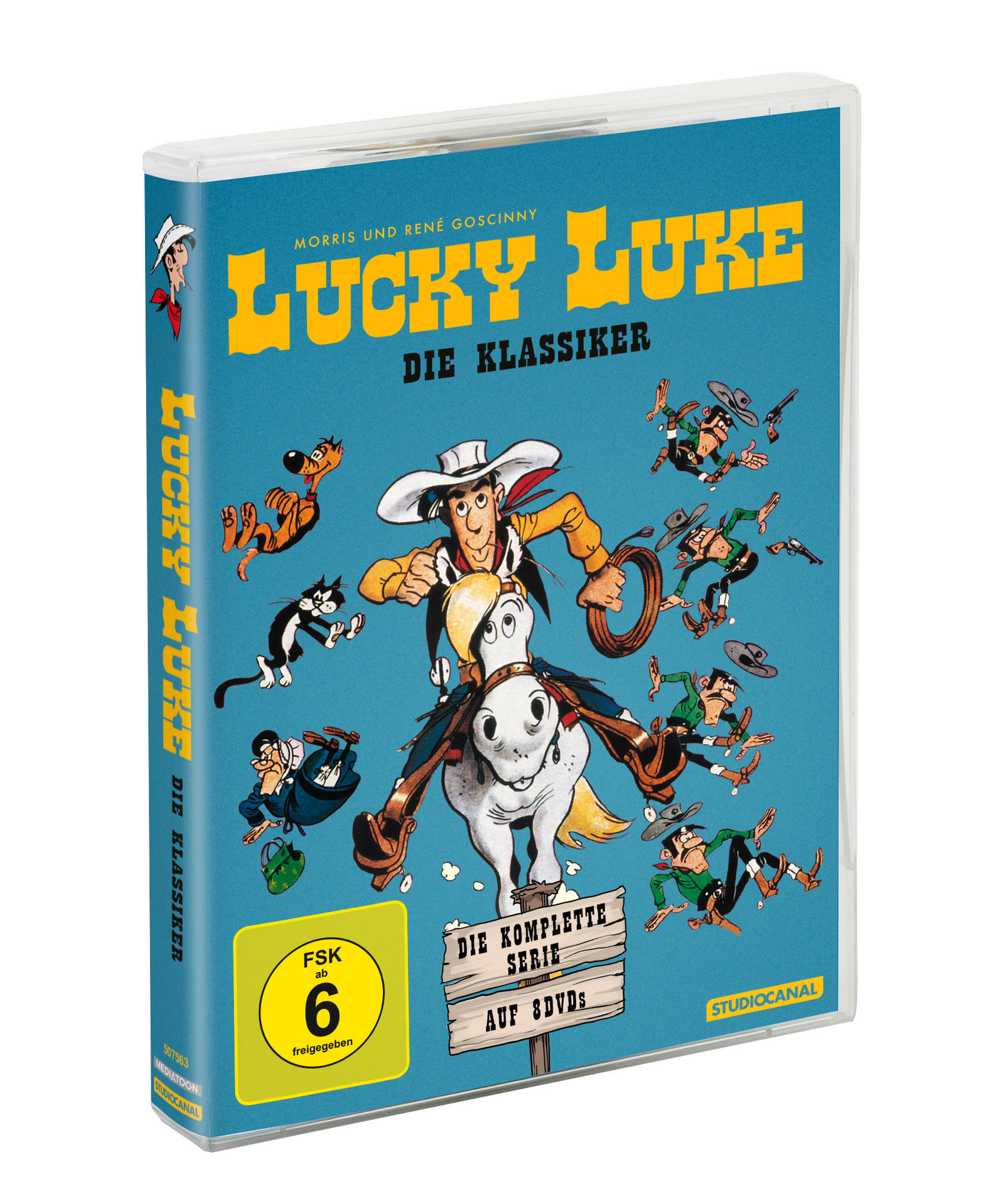 DVD-Hülle von Lucky Luke. Das Cover zeigt Lucky Luke auf einem Pferd, umgeben von Cartoon-Figuren, auf blauem Hintergrund.