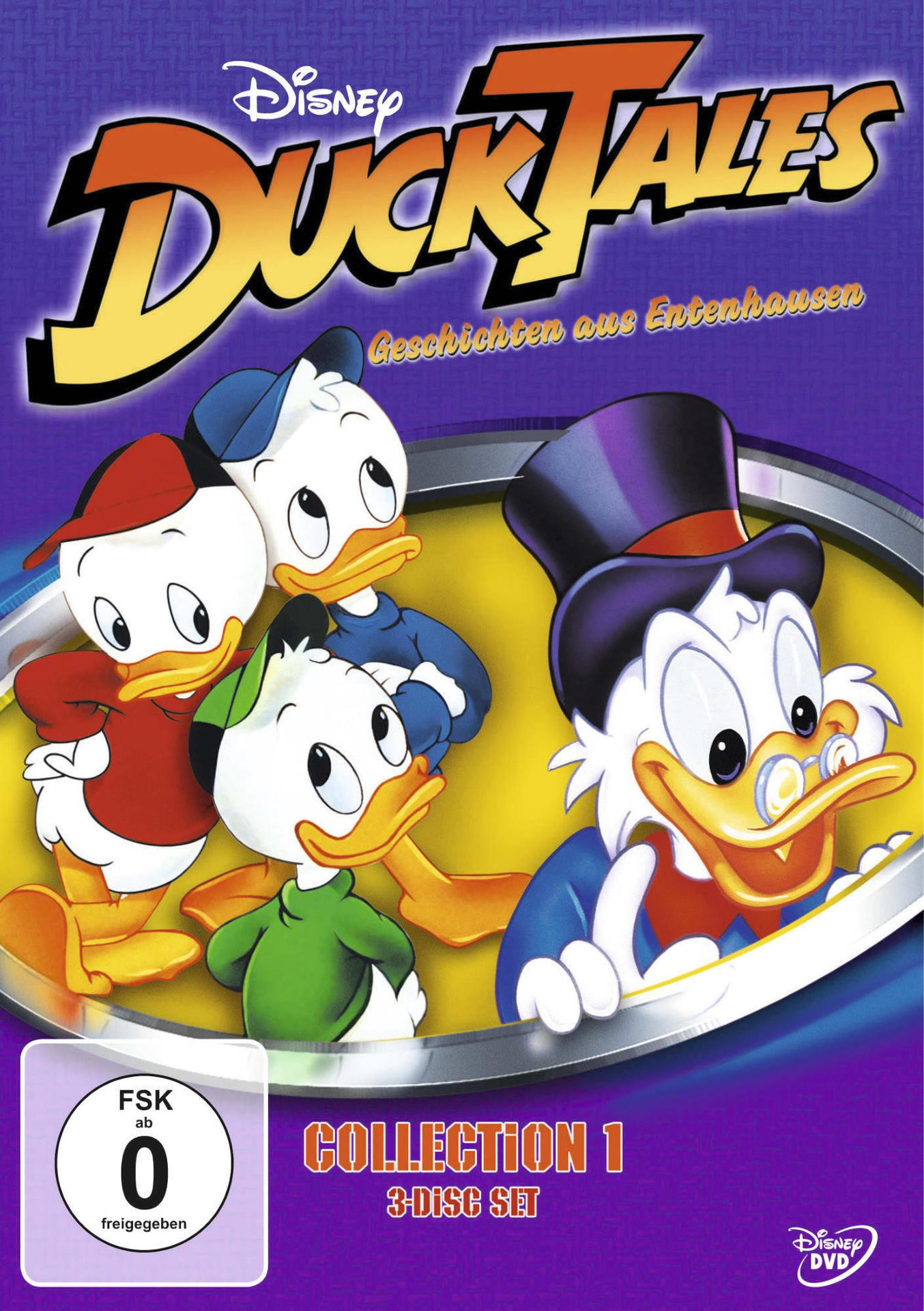 DVD-Cover für 'DuckTales'-Cartoon. Dagobert Duck und Neffen, helle Farben.