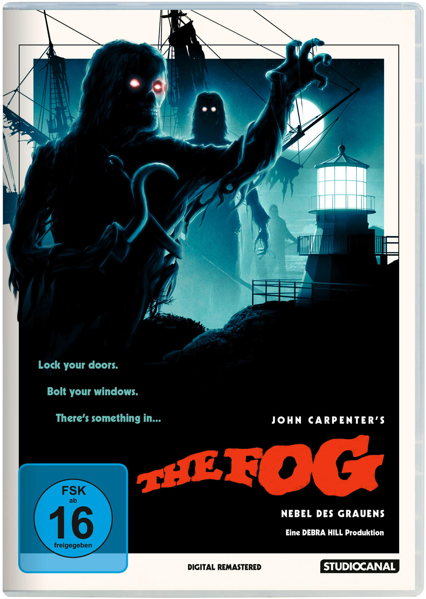 Filmposter für 'The Fog'. Es zeigt eine dunkle, unheimliche Szene mit Figuren und einem Leuchtturm.