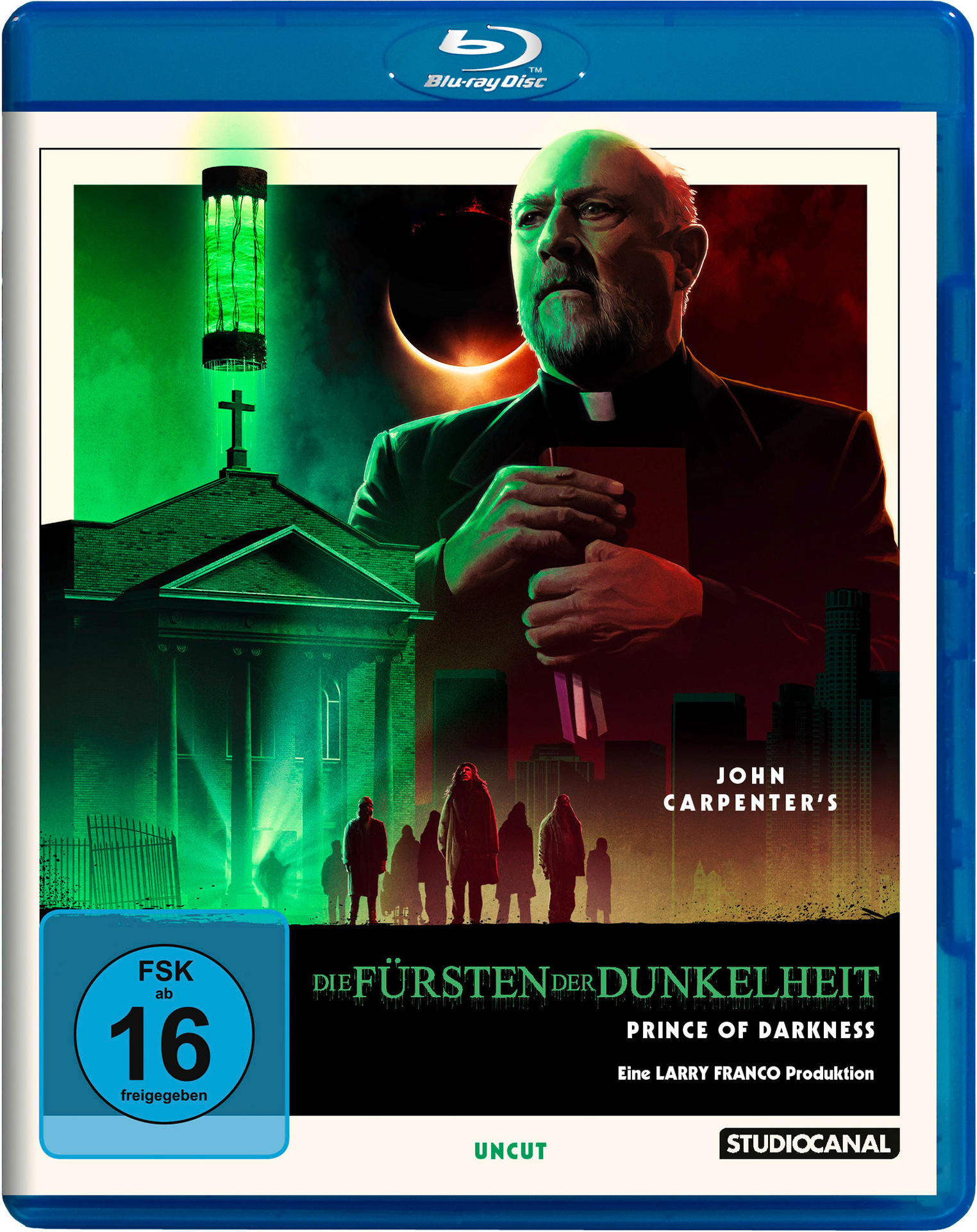 Blu-ray-Cover: "Prince of Darkness". Ein Priester, eine Kirche und Figuren in dunkler Umgebung.