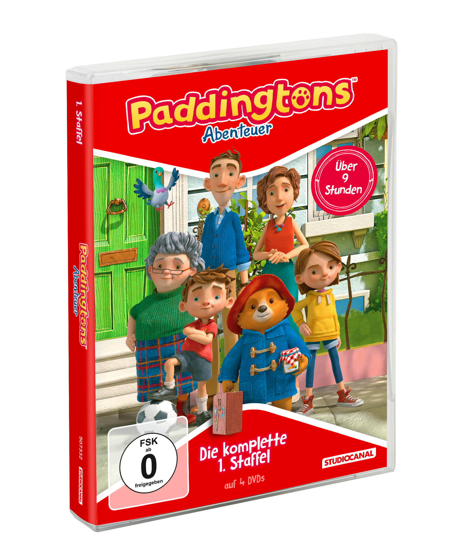 DVD-Hülle von 'Paddington's Adventures'. Cartoon-Figuren auf der Vorderseite, Text auf Deutsch.
