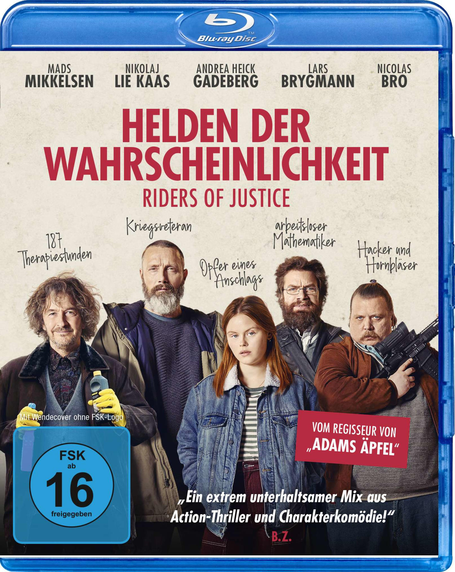 Riders of Justice Blu-ray Cover. Gruppe von Personen. Text auf Deutsch. Blaues Gehäuse.
