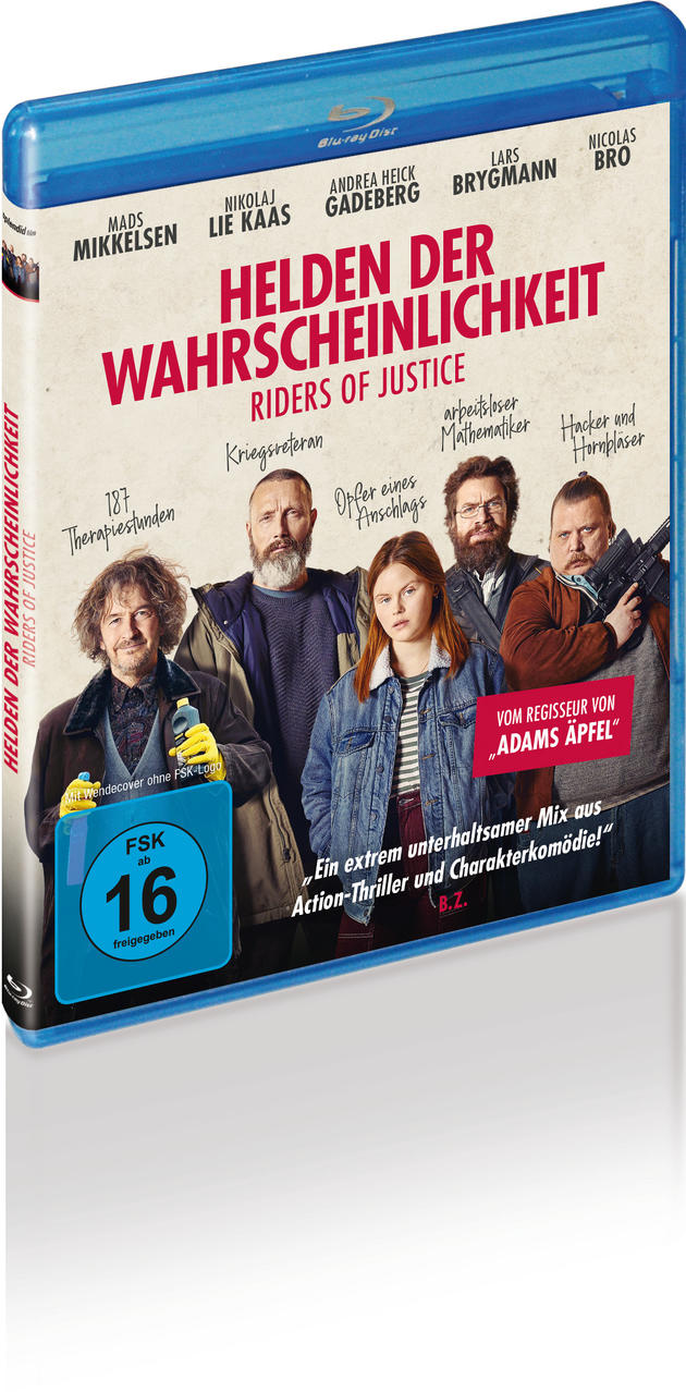 Ein Filmcover mit einer Gruppe von Leuten. Text: 'Helden der Wahrscheinlichkeit/Riders of Justice'.