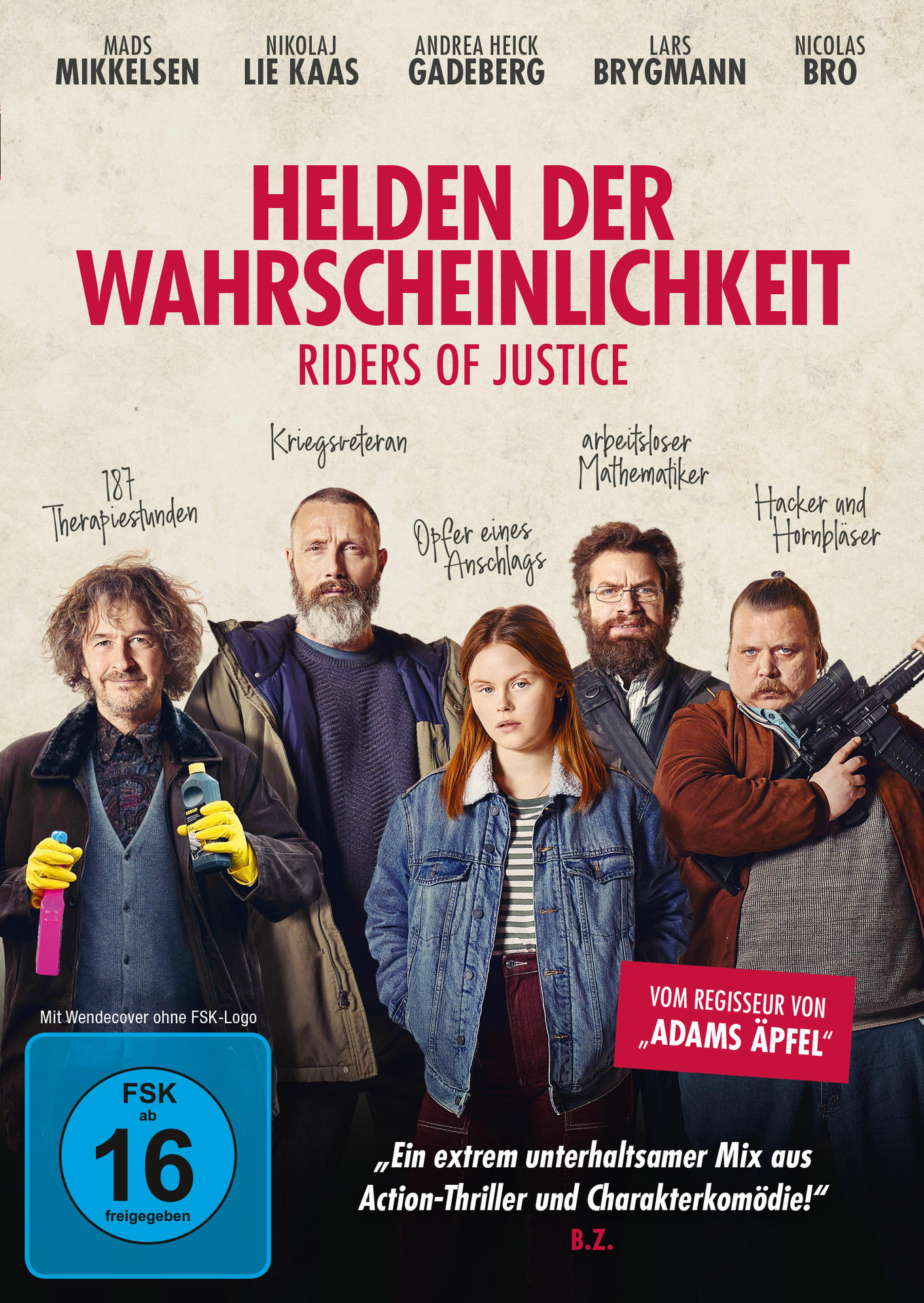 Filmcover. Gruppe von fünf Personen mit Text: 'Helden der Wahrscheinlichkeit' (Riders of Justice).