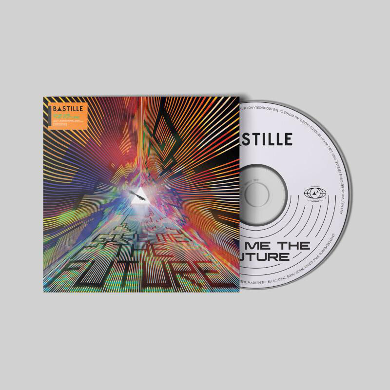 CD-Hülle mit farbenfrohem Design, CD an der Seite, weißer Hintergrund.