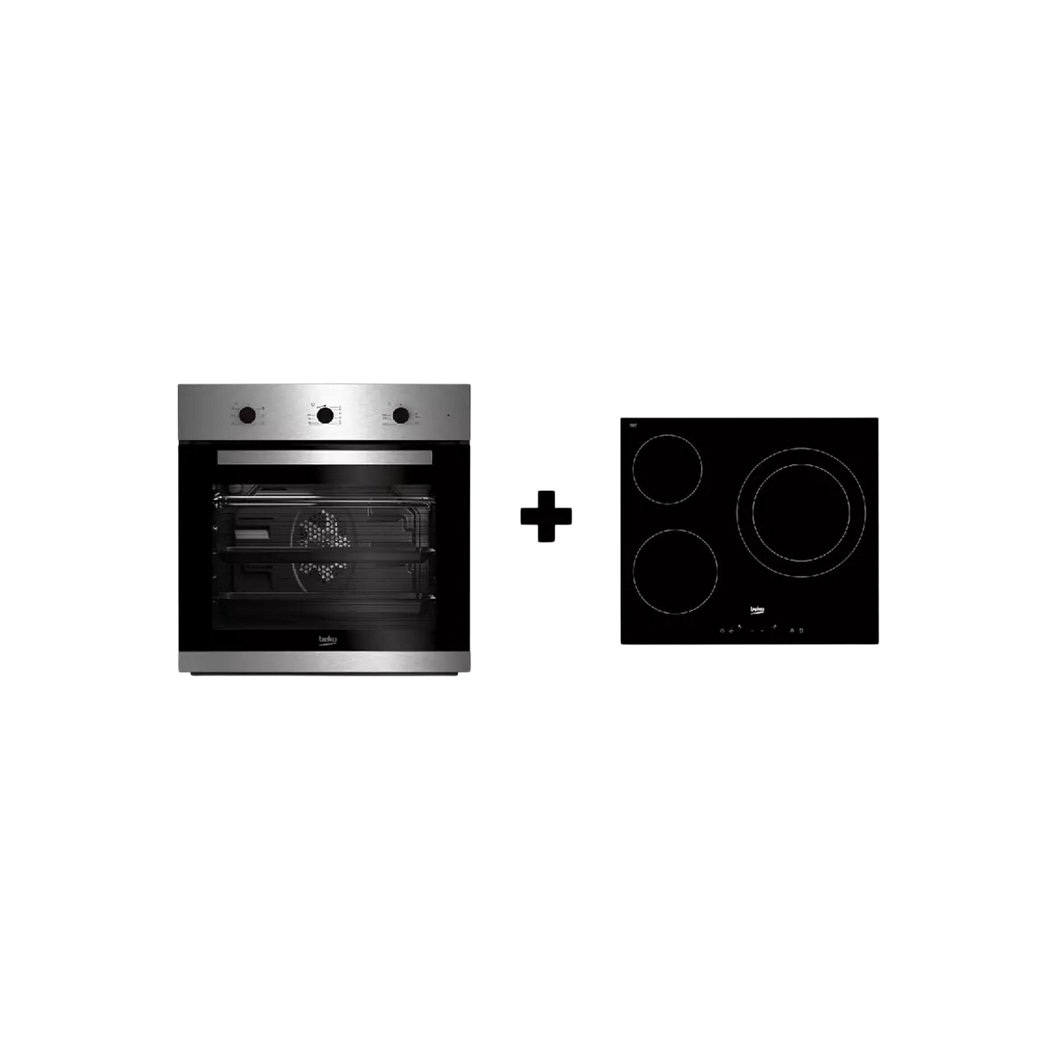 Un horno y una encimera, ambos en plateado, sobre un fondo negro. El horno está a la izquierda.