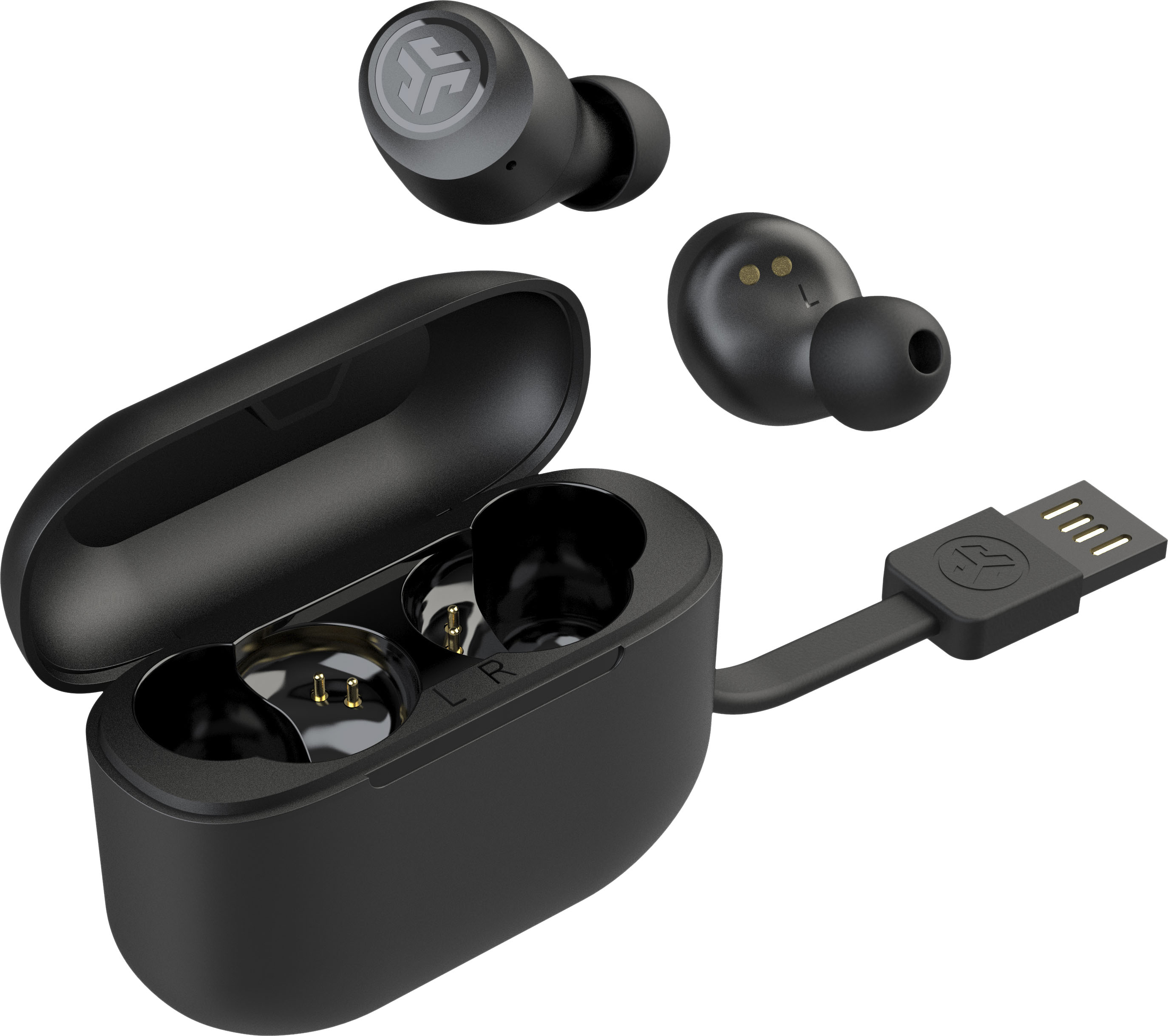 Ensemble d'écouteurs sans fil noirs avec étui de chargement et câble USB. Les écouteurs sont hors de l'étui.