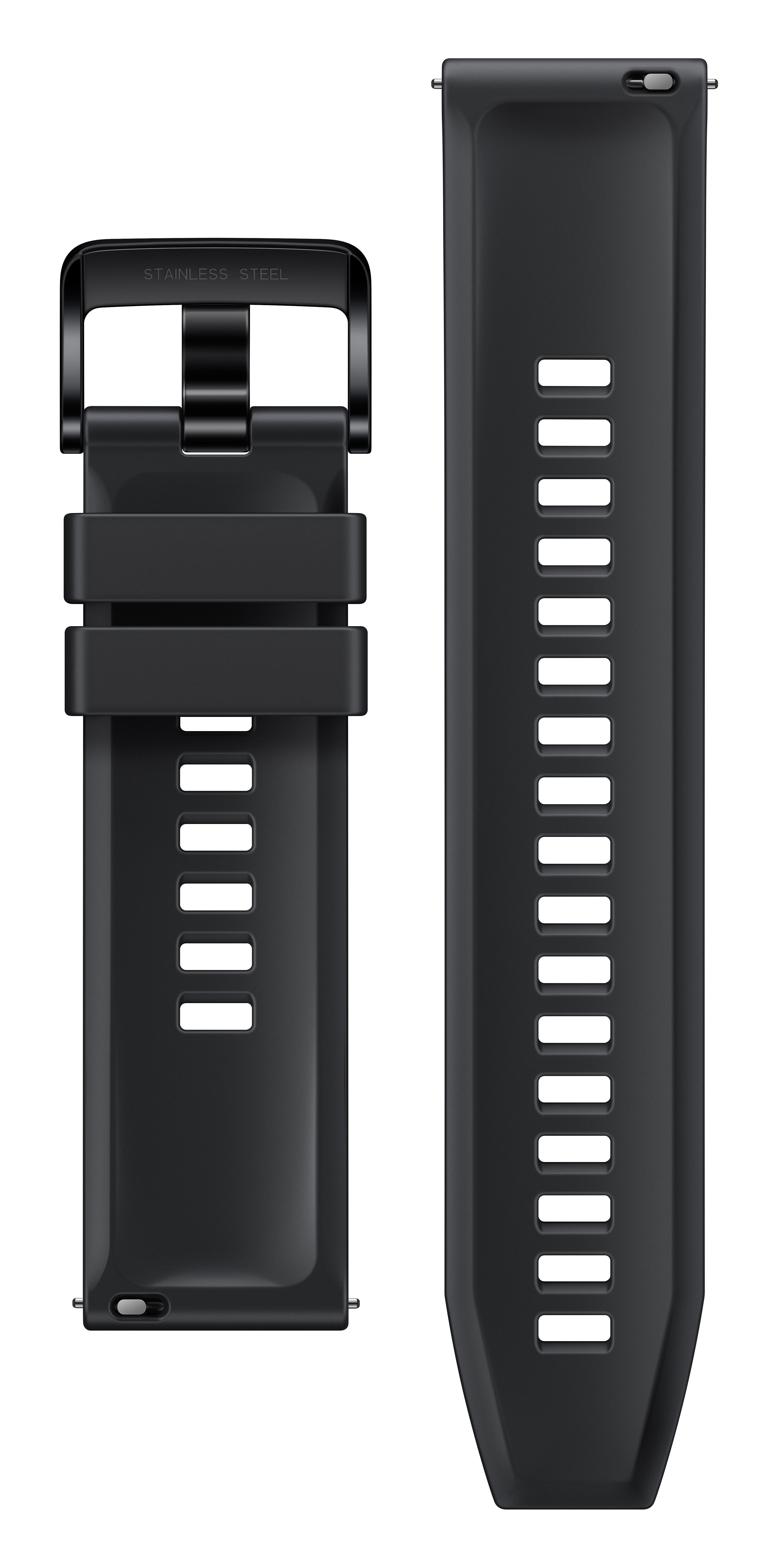 Schwarzes Uhrenarmband, Edelstahlschnalle und langer Riemen. Das Band auf weißem Hintergrund.