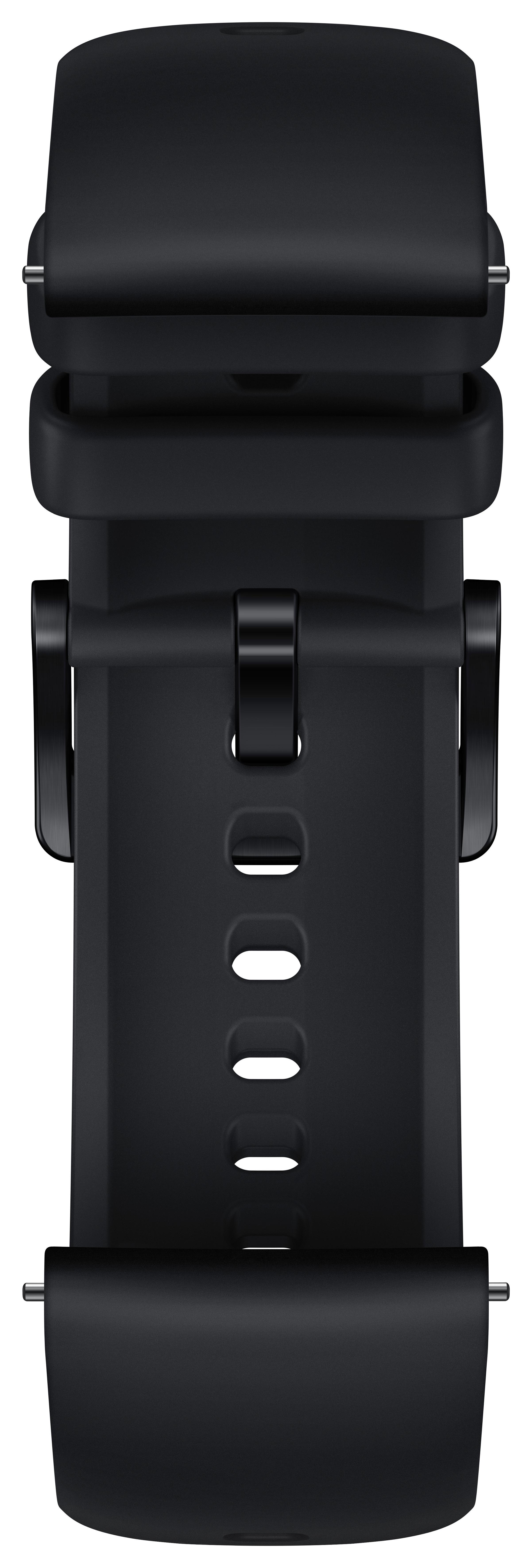 Schwarzes Smartwatch-Armband mit Verschluss. Draufsicht, freigestellt.