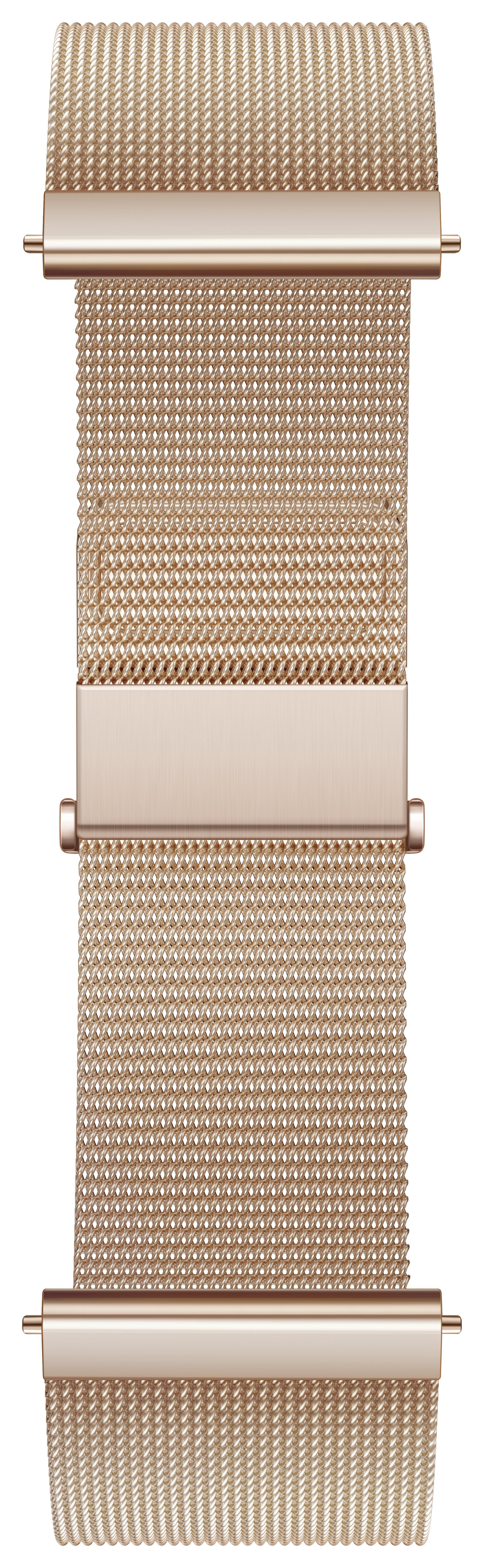 Roségoldenes Armband mit Mesh-Design. Eine rechteckige Schnalle ist sichtbar.
