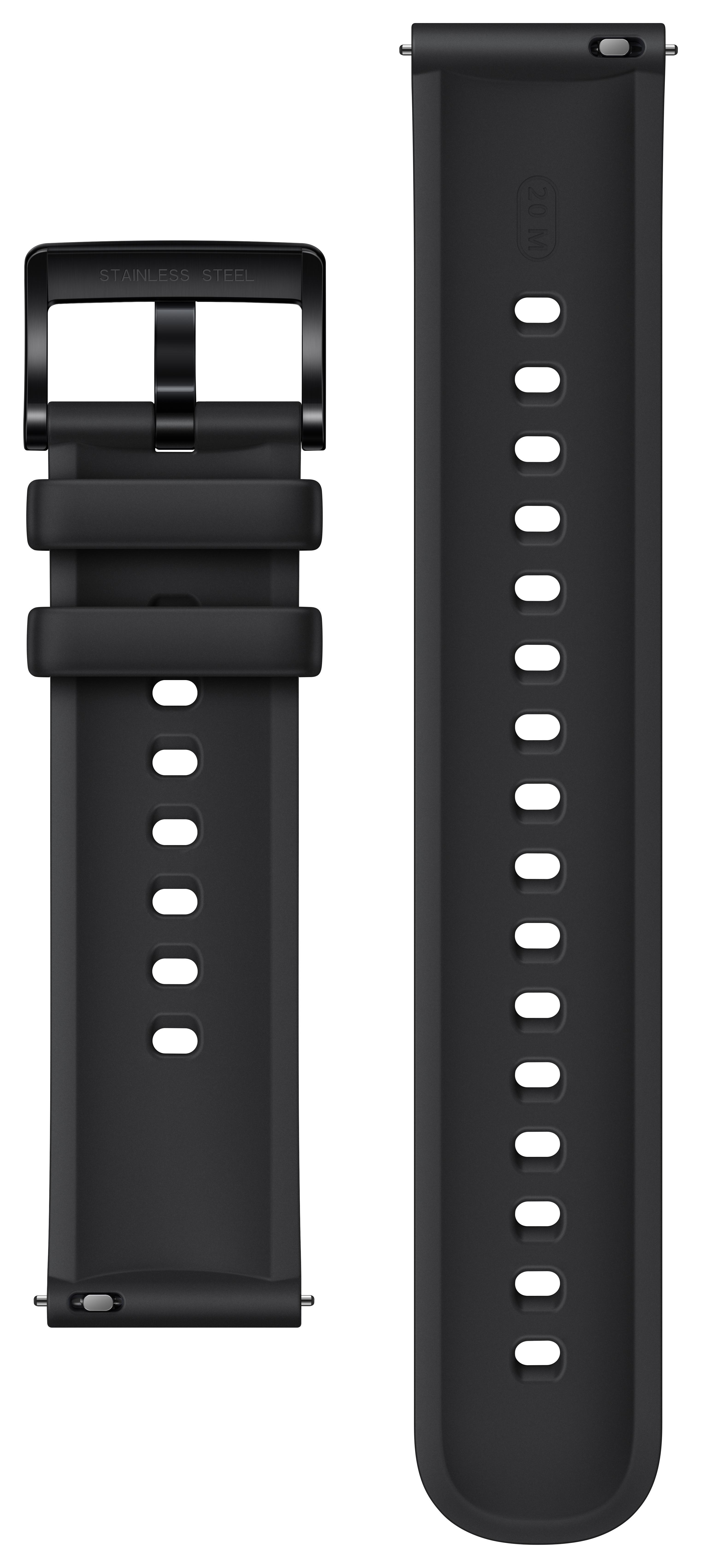 Zwei schwarze Uhrenarmbänder auf weißem Hintergrund. Eines hat eine Schnalle, das andere Löcher.