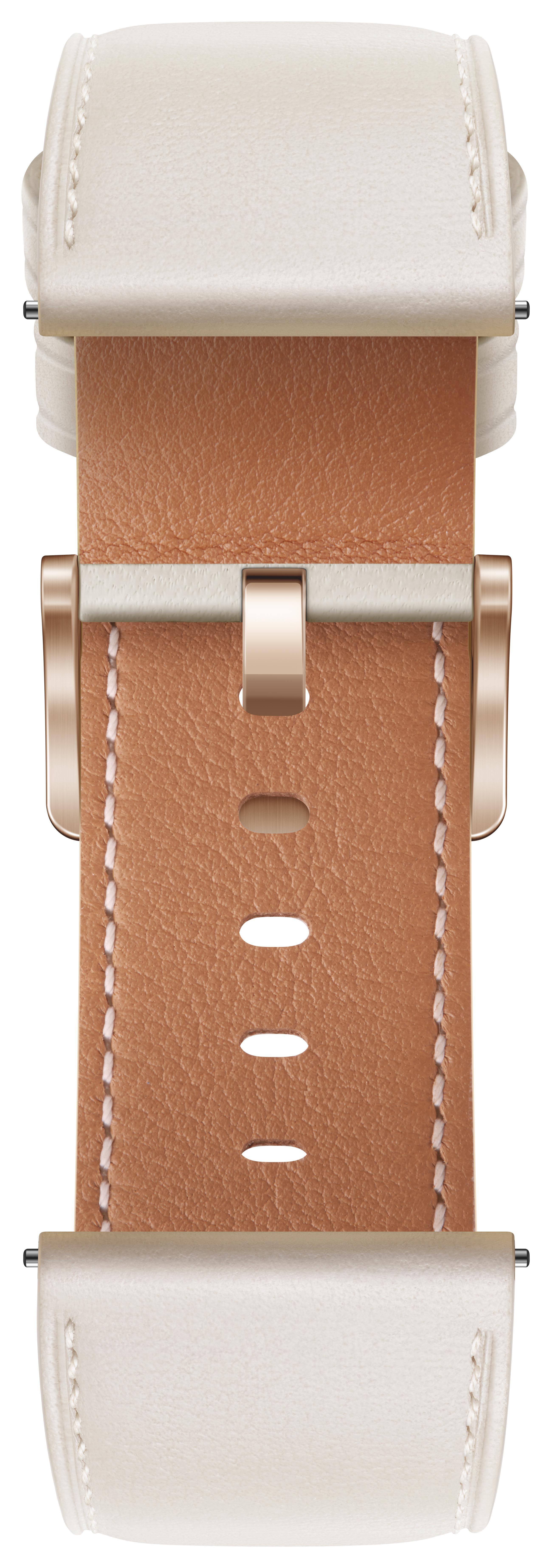 Nahaufnahme eines Uhrenarmbands, hellbraunes Leder und weiße Akzente, mit Schnalle.