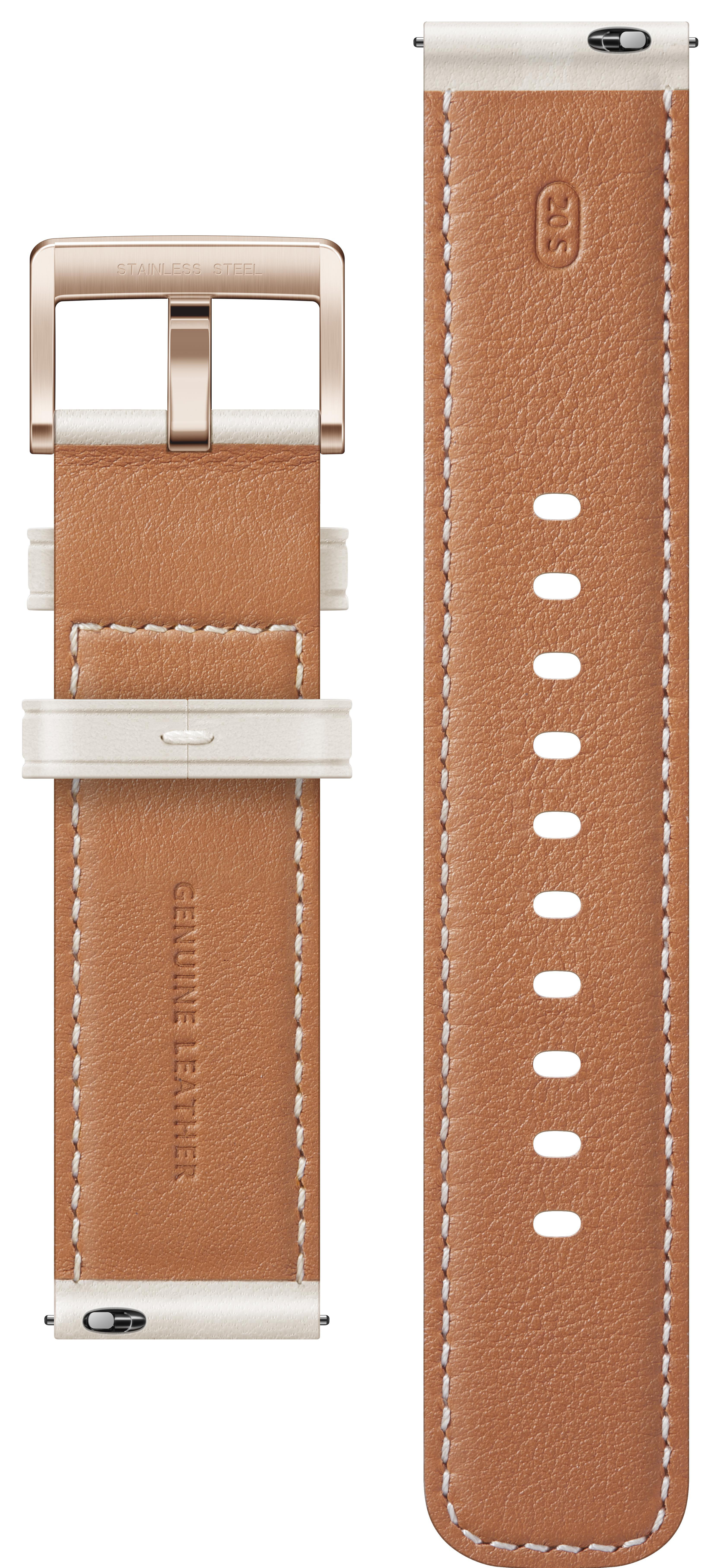 Uhrenarmband, braunes Leder mit weißen Nähten. Metallschnalle und weiße Details.