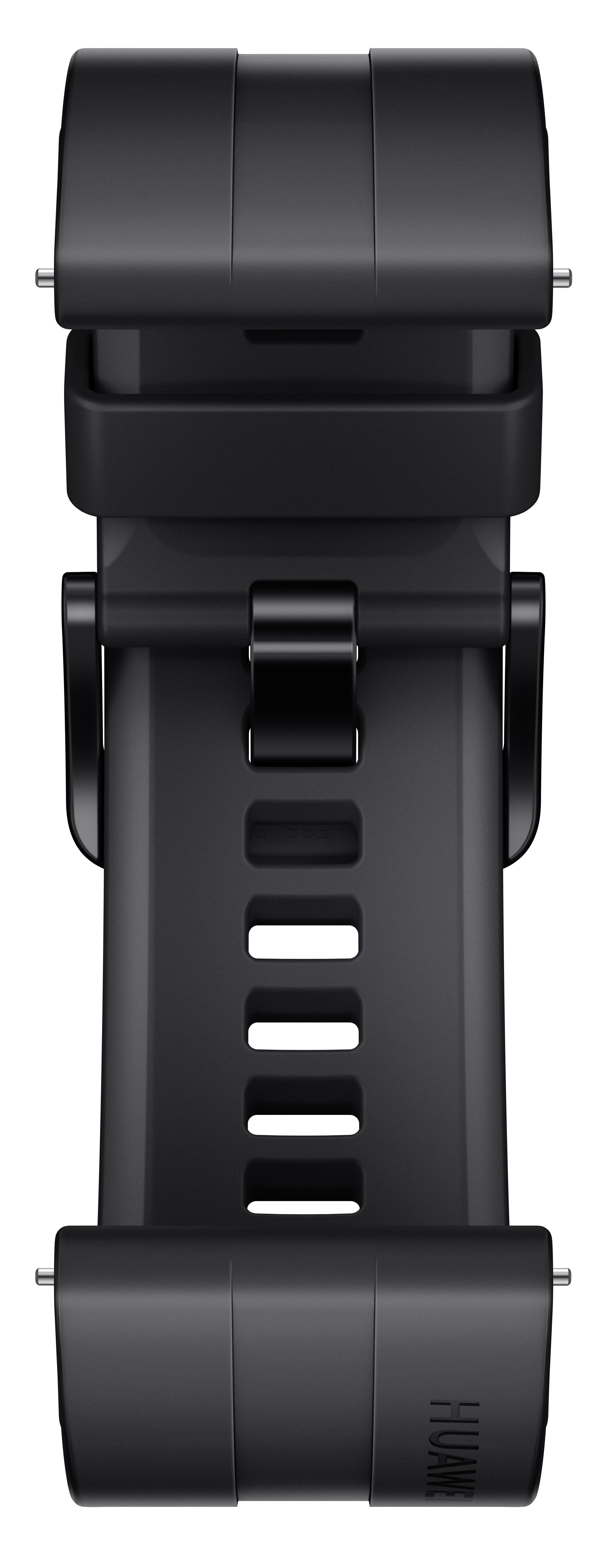 Schwarzes Smartwatch-Armband mit Huawei-Logo und mehreren Einstelllöchern.