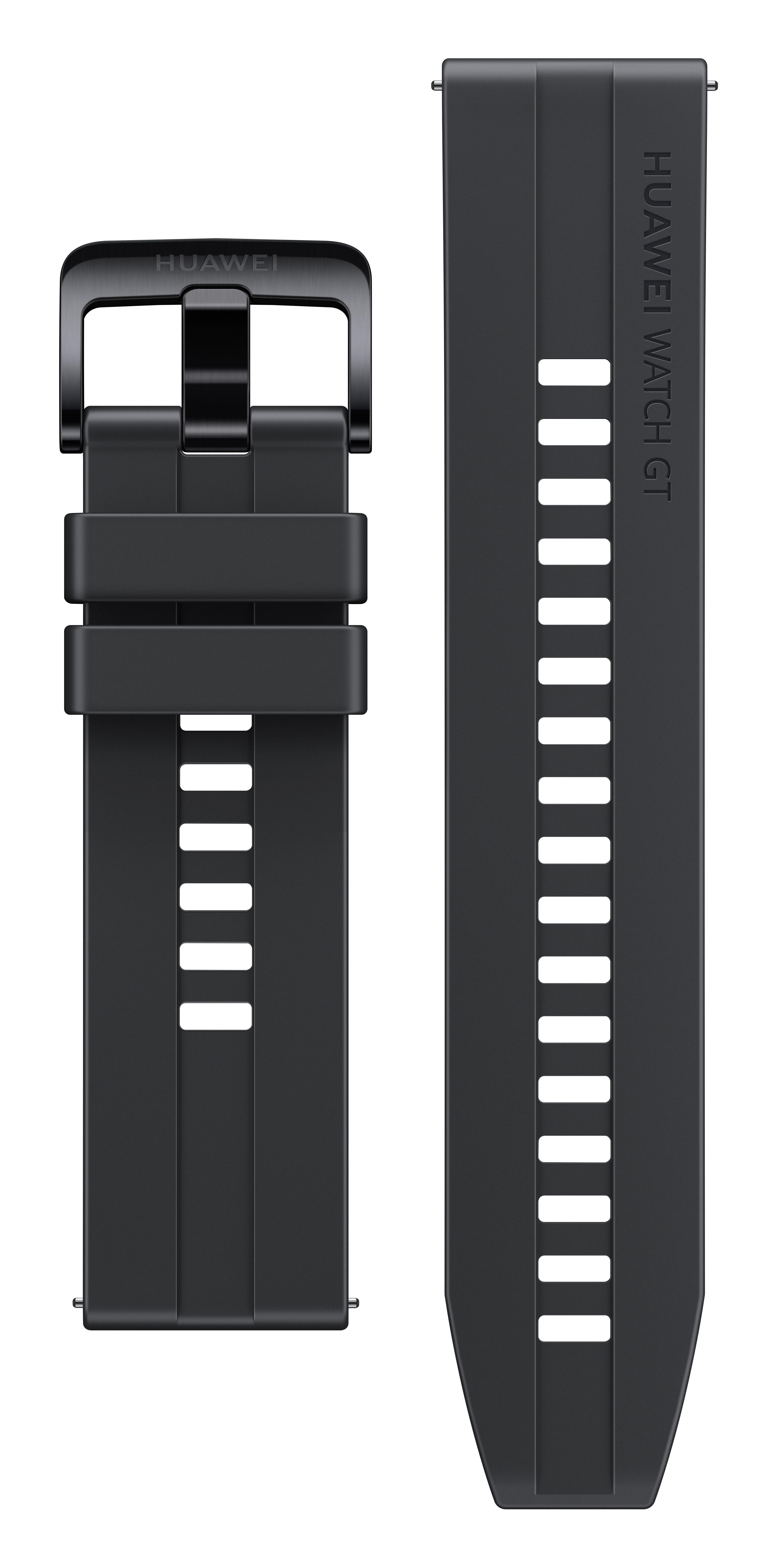 Schwarzes Huawei Watch GT-Armband mit Schnalle und Band. Das Band ist mit 'HUAWEI WATCH GT' beschriftet.