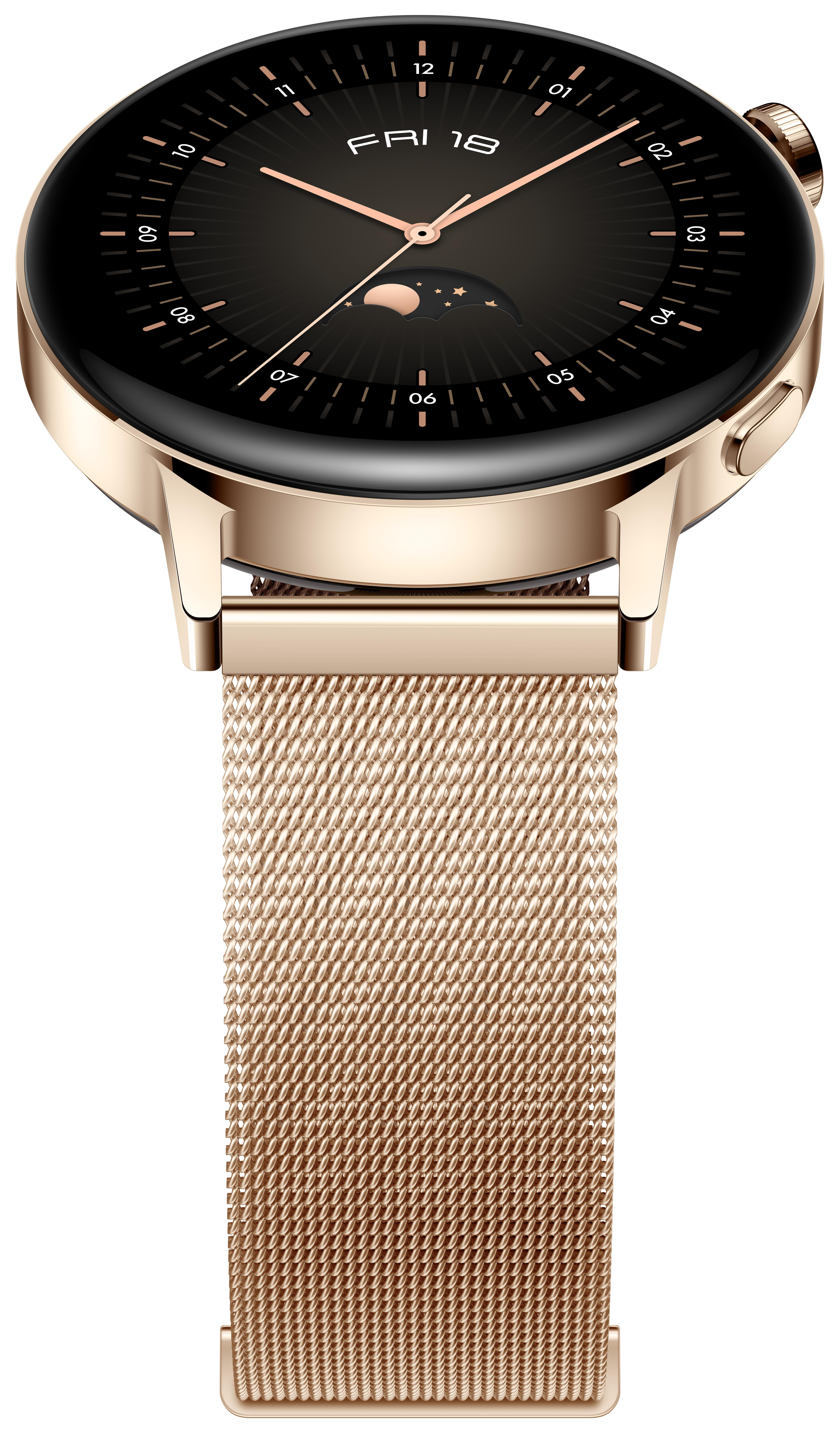 Roségoldene Smartwatch mit schwarzem Bildschirm, Freitag und Mesh-Armband.