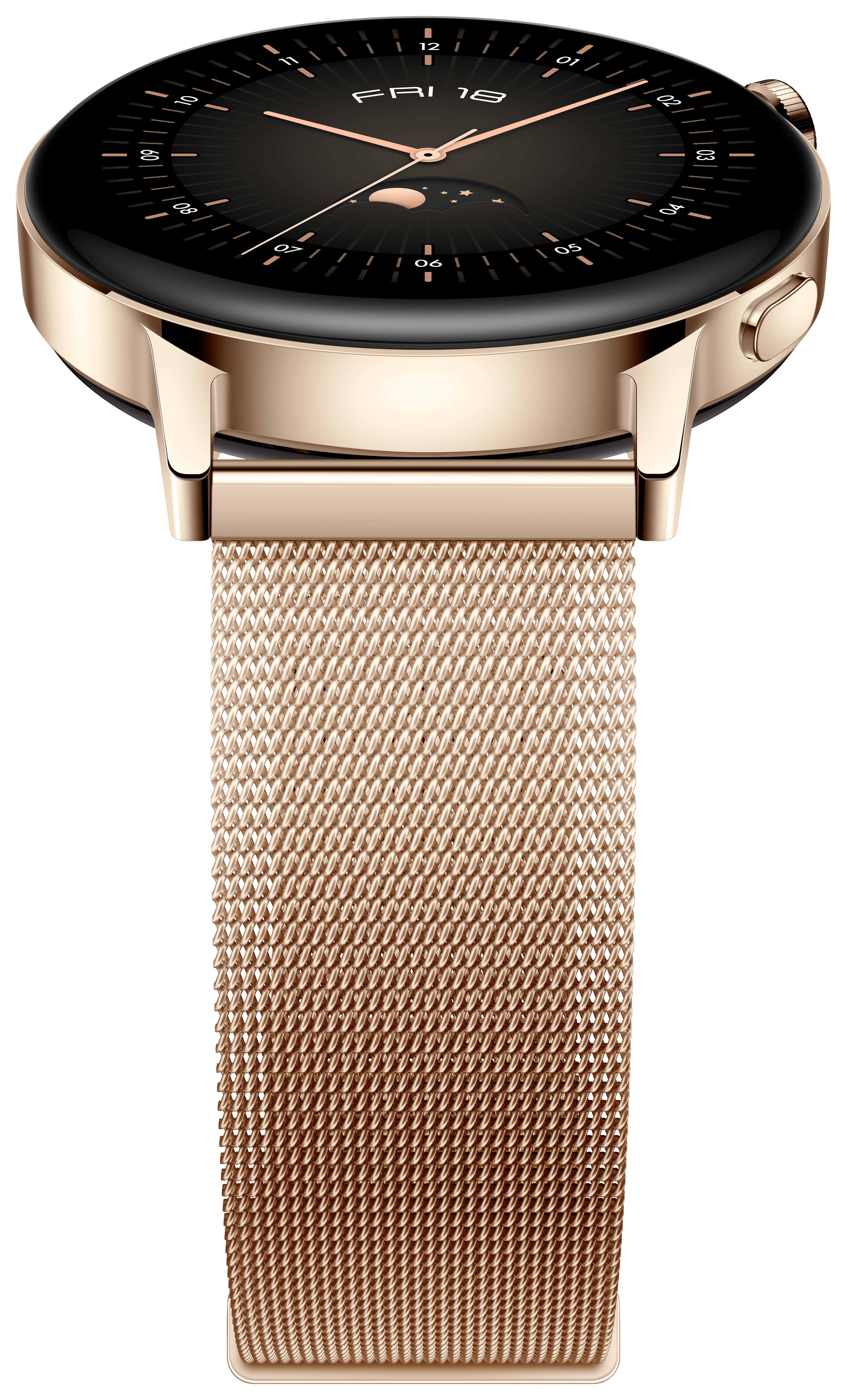 Eine goldene Smartwatch mit goldenem Armband, zeigt die Uhrzeit.