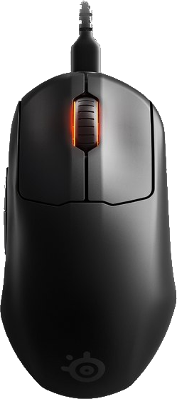 Zwarte gamingmuis met oranje licht in het midden. De muis staat op een grijze achtergrond.
