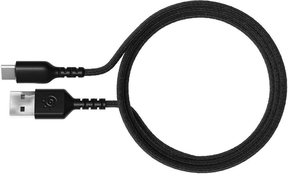 Gevlochten zwarte USB-C naar USB-A kabel met connectordetails.