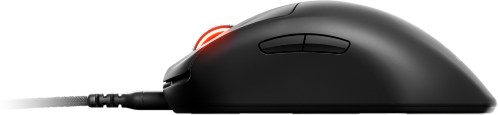 Zwarte gamingmuis, zijaanzicht. Rood oplichtend scrollwiel. Twee knoppen aan de zijkant.