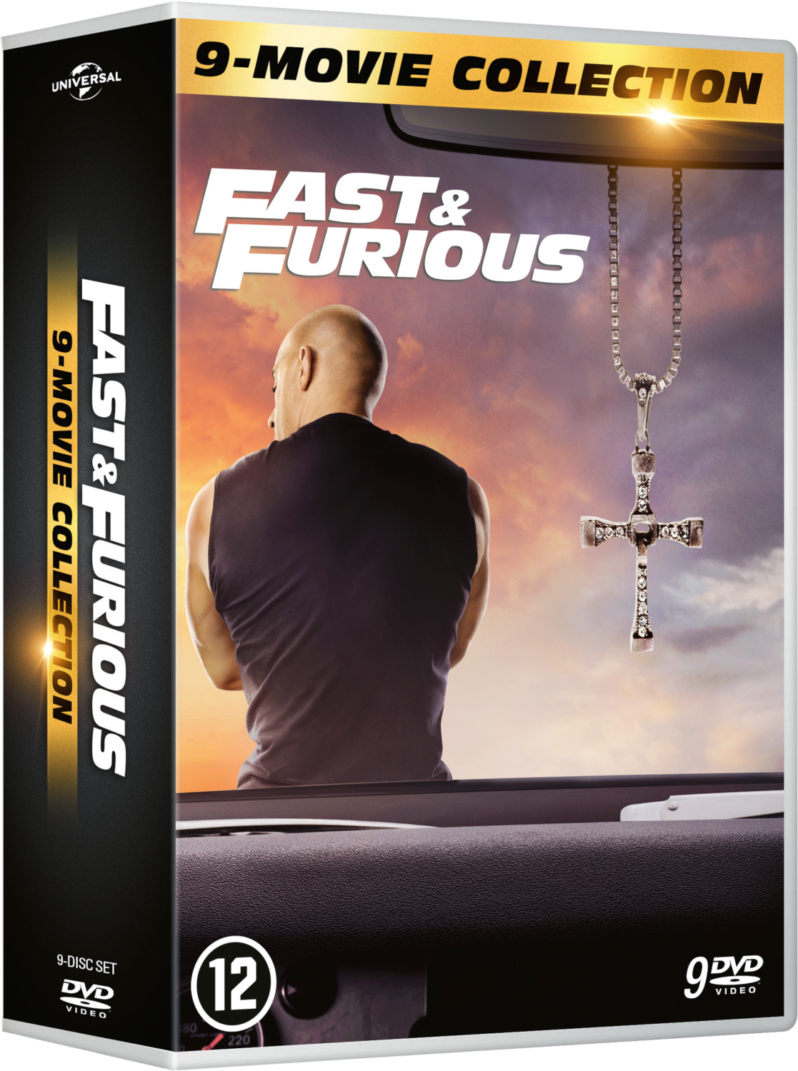 Coffret DVD du film 'Fast & Furious'. Homme chauve et un collier en croix sont visibles.