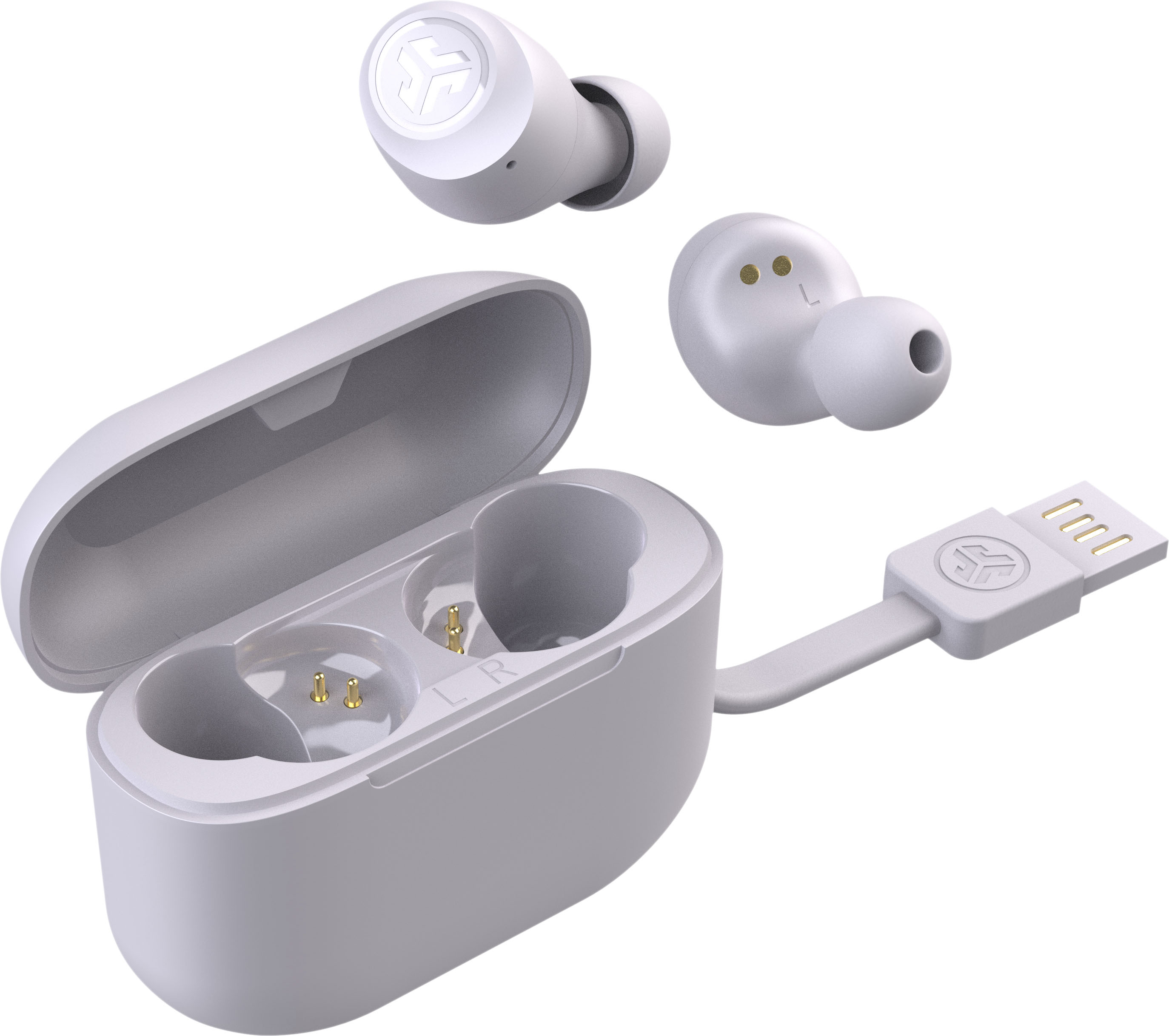 Écouteurs blancs, étui de chargement et câble USB. Écouteurs avec marquages L et R.