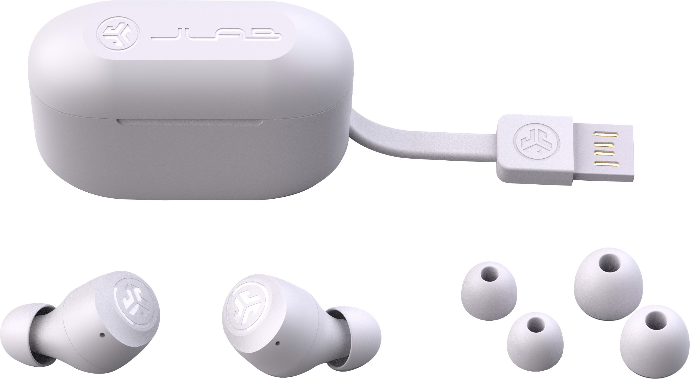Écouteurs blancs, étui de chargement et câble USB. Embouts supplémentaires en bas.