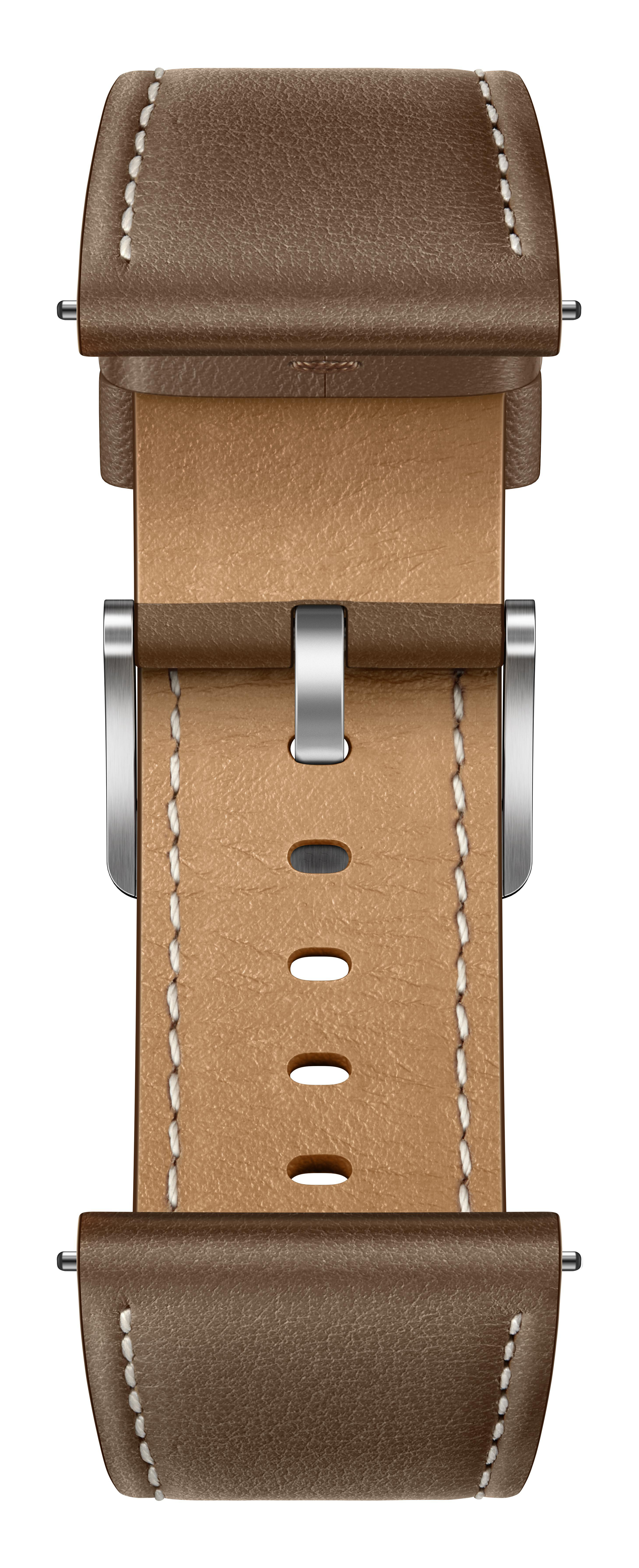 Braunes Leder-Uhrenarmband. Schnalle und Nahtdetails sichtbar. Hellbraunes Leder mit weißen Nähten.
