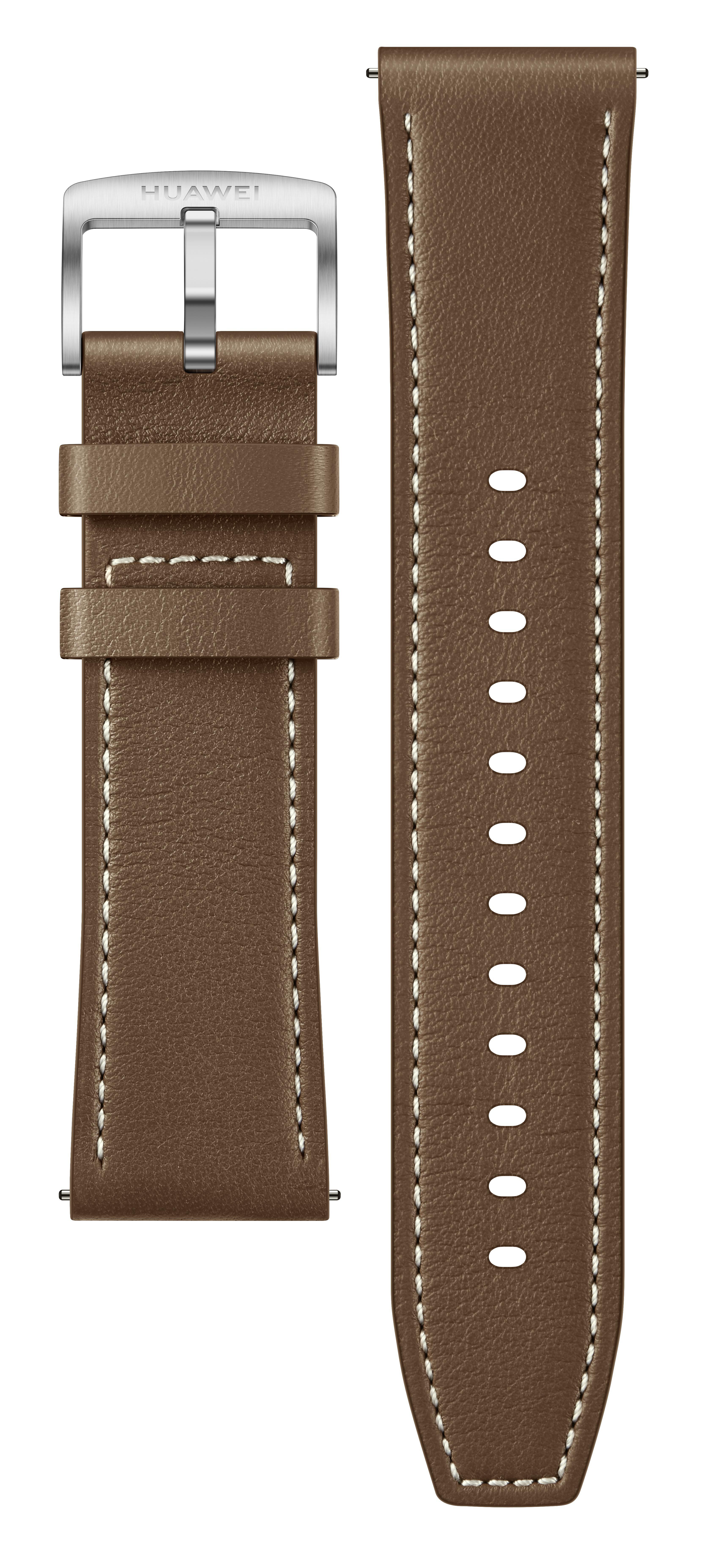 Braunes Lederarmband mit silberner Schnalle und weißen Nähten. Weißer Hintergrund.