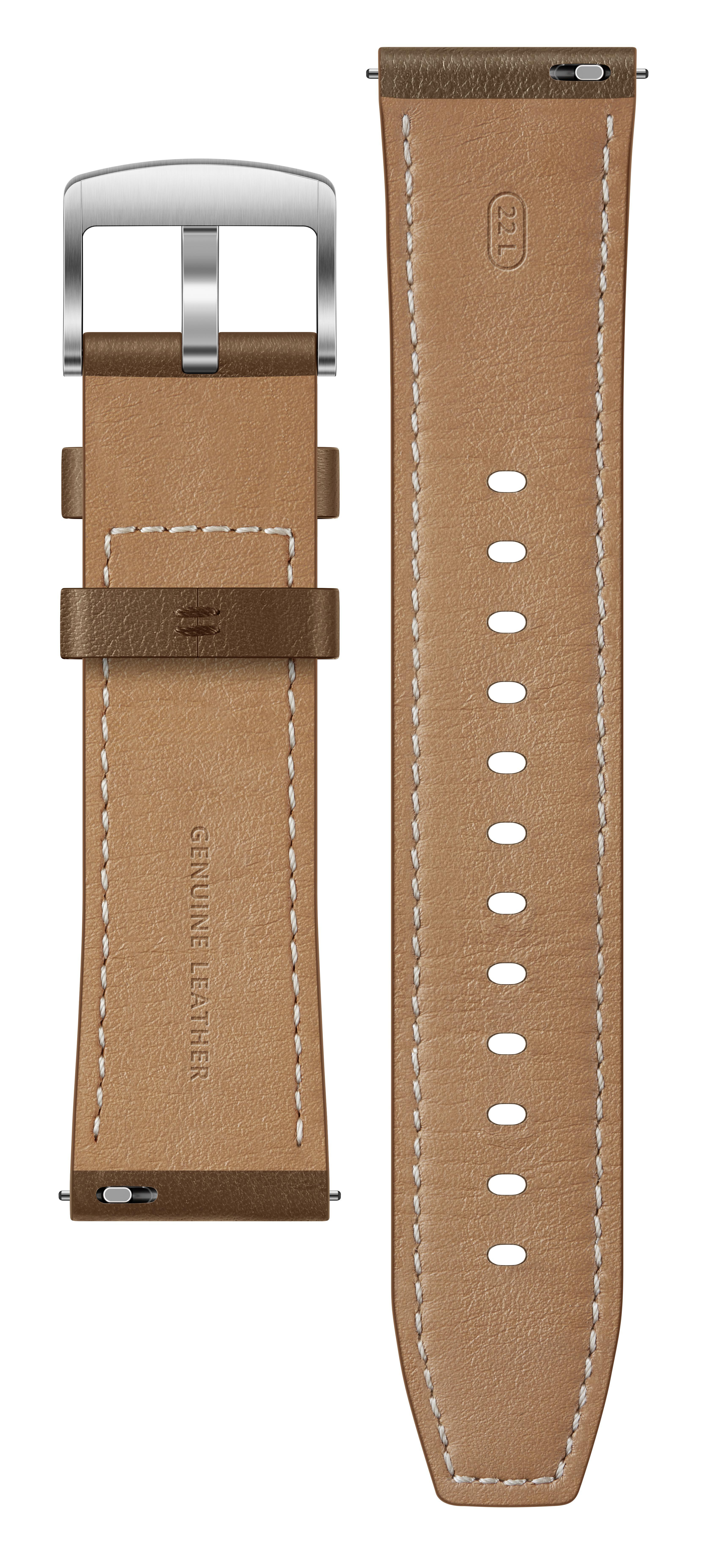 Ein hellbraunes Lederarmband mit silberner Schnalle. Mit weißen Nähten und echtem Leder.