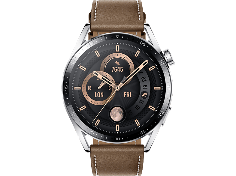 HUAWEI WATCH GT 3 46mm Smartwatch Edelstahl Echtleder, 140 - 210 mm, Stainless Steel/Brown Leather